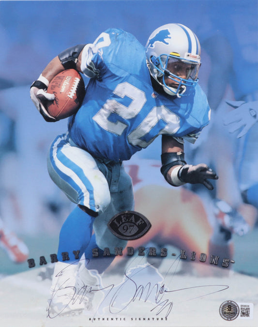Barry Sanders Signed (Beckett) Leaf 1997 Donruss Jumbo Trading Card - Detroit Lions