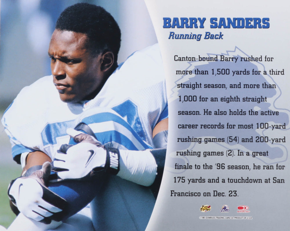 Barry Sanders Signed (Beckett) Leaf 1997 Donruss Jumbo Trading Card - Detroit Lions