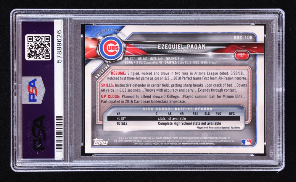 Ezequiel Pagan Signed 2018 Bowman Chrome Draft #BDC106 RC (PSA | Auto 10) Rookie Card