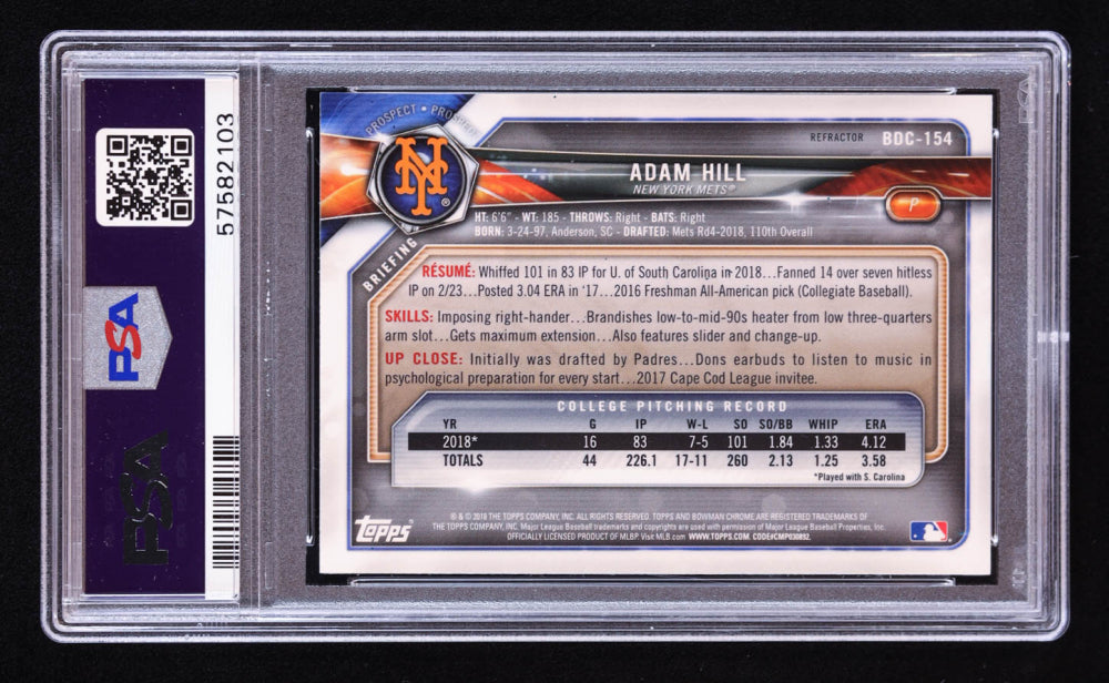 Adam Hill Signed 2018 Bowman Chrome Draft Refractors #BDC154 RC (PSA) Rookie Card