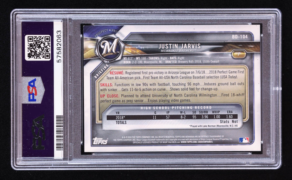 Justin Jarvis Signed 2018 Bowman Draft #BD104 RC (PSA) Rookie Card