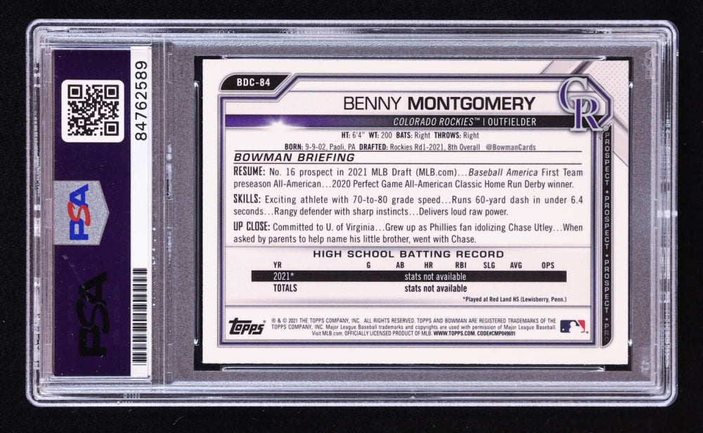 Benny Montgomery Signed 2021 Bowman Chrome Draft Sapphire #BDC84 RC (PSA | Auto 10) Rookie Card