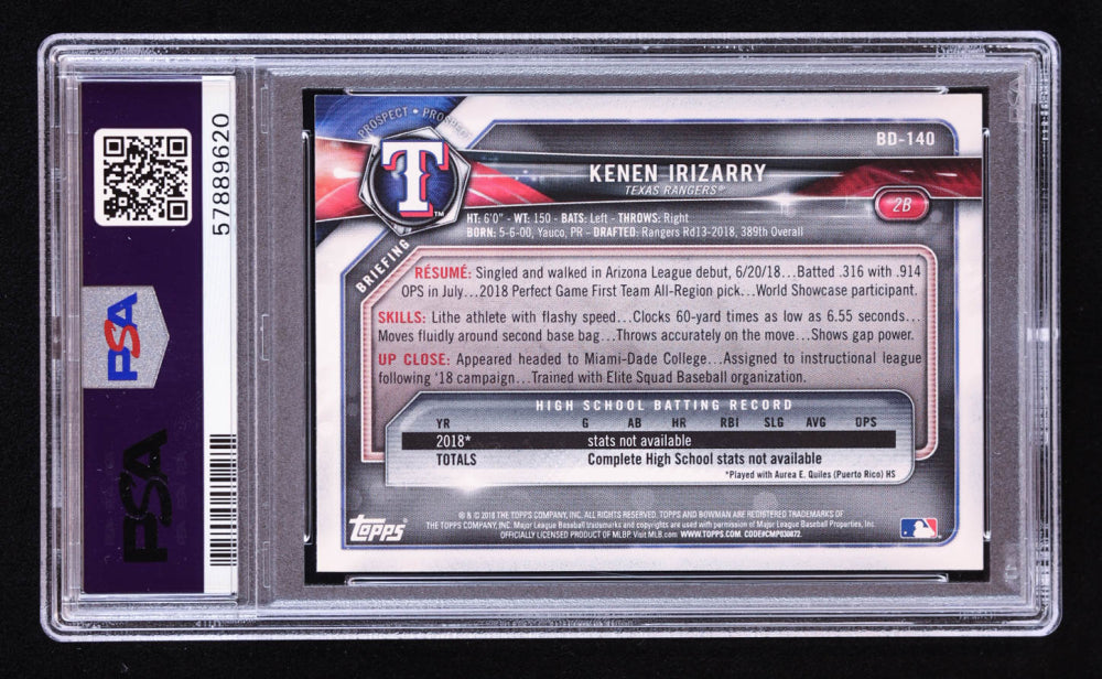 Kenen Irizarry Signed 2018 Bowman Draft #BD140 RC (PSA | Auto 10) Rookie Card