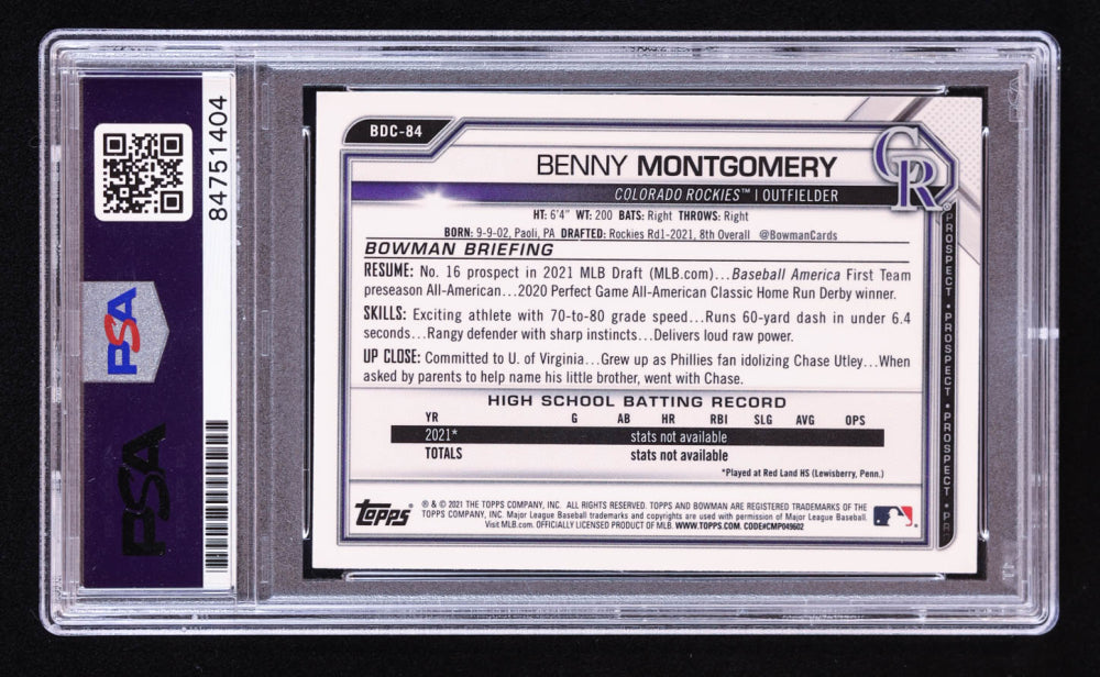 Benny Montgomery Signed 2021 Bowman Chrome Draft Image Variations #BDC84 RC (PSA | Auto 10) Rookie Card