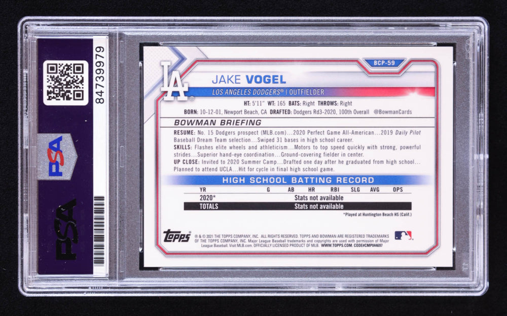 Jake Vogel Signed 2021 Bowman Chrome Mega Box Prospects Pink Refractors #BCP59 #181/199 RC (PSA | Auto 9) Rookie Card | Serially Numbered #181 / 199