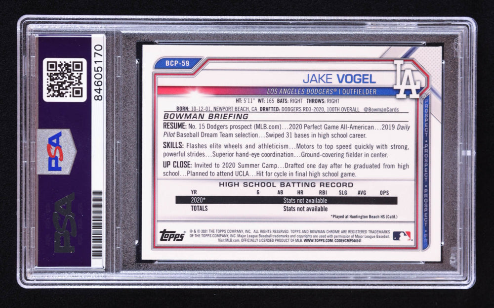 Jake Vogel Signed 2021 Bowman Chrome Prospects #BCP59 RC (PSA | Auto 10) Rookie Card