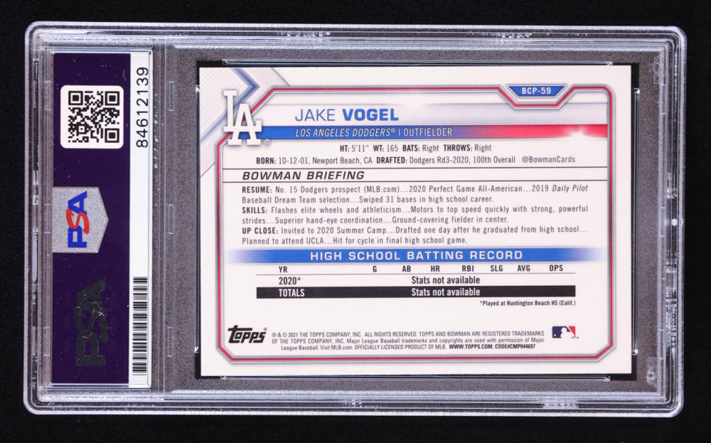 Jake Vogel Signed 2021 Bowman Chrome Mega Box Prospects Refractors #BCP59 RC (PSA | Auto 10) Rookie Card