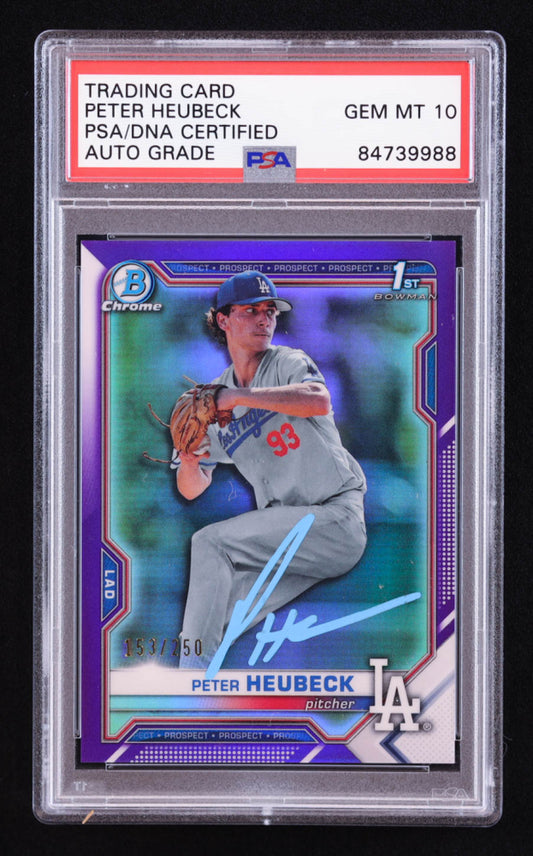 Peter Heubeck Signed 2021 Bowman Chrome Draft Purple Refractors #BDC146 #153/250 RC (PSA | Auto 10) Rookie Card | Serially Numbered #153 / 250