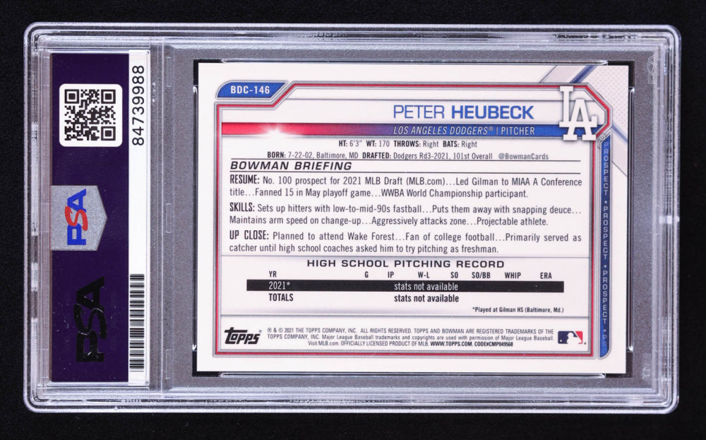 Peter Heubeck Signed 2021 Bowman Chrome Draft Purple Refractors #BDC146 #153/250 RC (PSA | Auto 10) Rookie Card | Serially Numbered #153 / 250