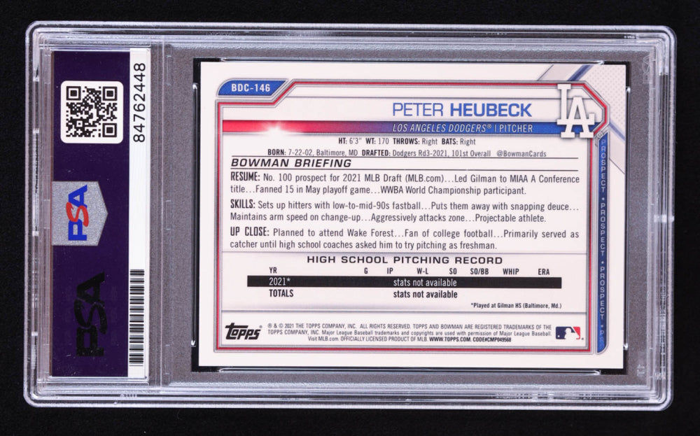 Peter Heubeck Signed 2021 Bowman Chrome Draft Gold Refractors #BDC146 #30/50 RC (PSA | Auto 10) Rookie Card | Serially Numbered #30 / 50