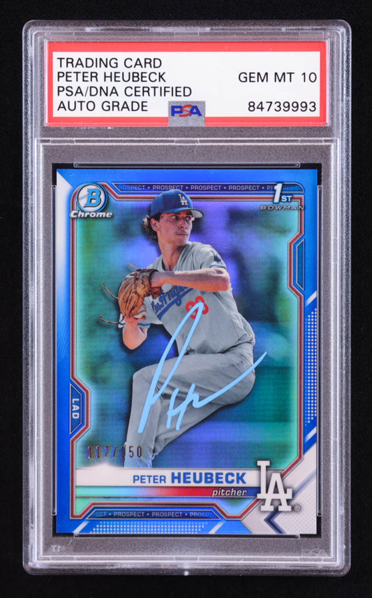 Peter Heubeck Signed 2021 Bowman Chrome Draft Blue Refractors #BDC146 #117/150 RC (PSA | Auto 10) Rookie Card | Serially Numbered #117 / 150