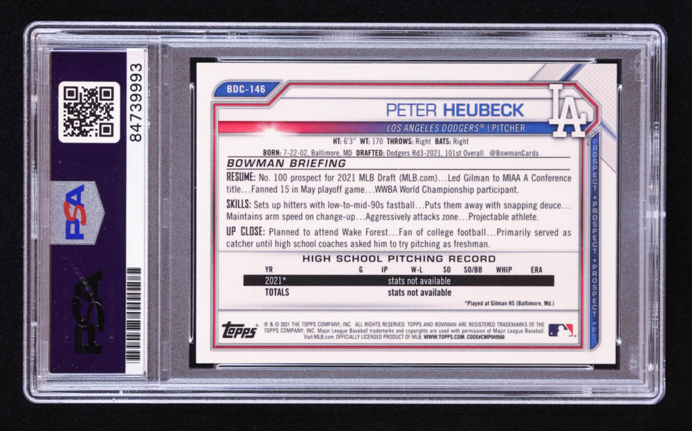 Peter Heubeck Signed 2021 Bowman Chrome Draft Blue Refractors #BDC146 #117/150 RC (PSA | Auto 10) Rookie Card | Serially Numbered #117 / 150