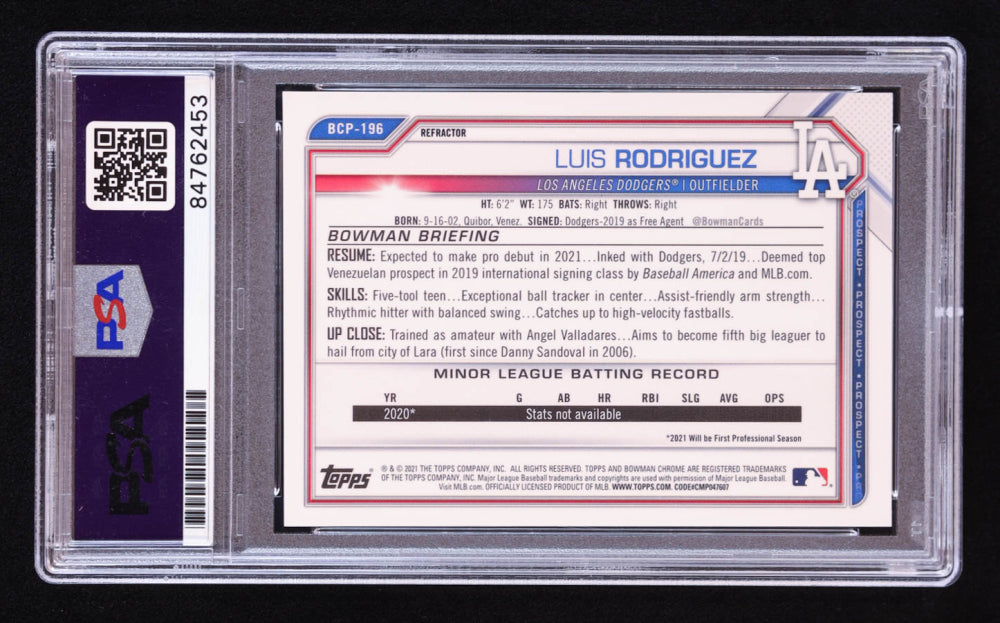 Luis Rodriguez Signed 2021 Bowman Chrome Prospects Refractors #BCP196 #410/499 RC (PSA | Auto 10) Rookie Card | Serially Numbered #410 / 499