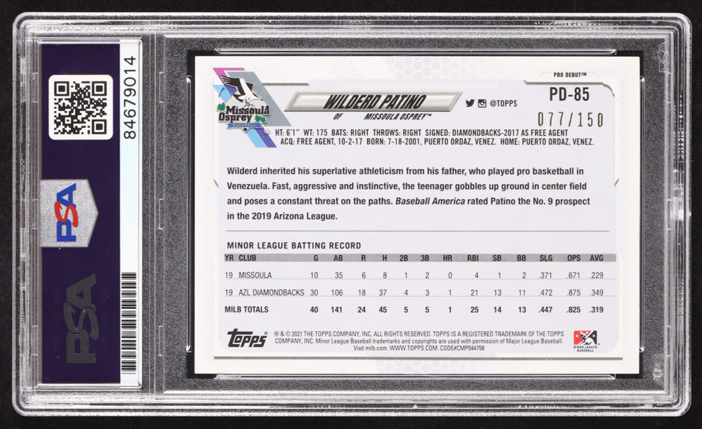 Wilderd Patino Signed 2021 Topps Pro Debut Blue #PD85 RC #77/150 (PSA | Autograph Graded PSA 10) Rookie Card / Serially Numbered #77 / 150