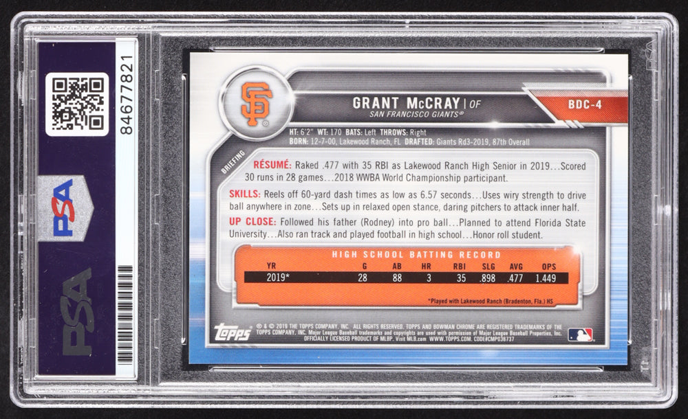 Grant McCray Signed 2019 Bowman Chrome Draft Gold Refractors #BDC4 RC #31/50 (PSA | Autograph Graded PSA 10) Rookie Card / Serially Numbered #31 / 50