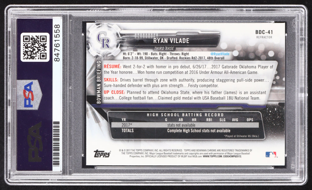Ryan Vilade Signed 2017 Bowman Chrome Draft Refractors #BDC41 RC (PSA) Rookie Card