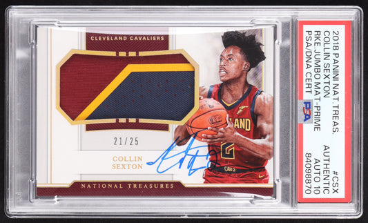 Collin Sexton Signed 2018-19 Panini National Treasures Rookie Jumbo Materials Prime #22 RC #21/25 (PSA | Autograph Graded PSA 10) Rookie Card / Serially Numbered #21 / 25