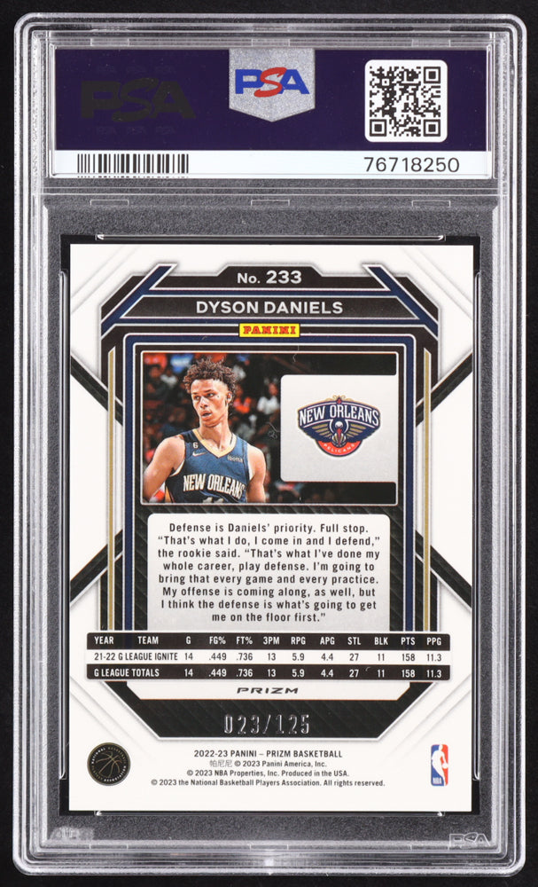 Dyson Daniels Signed 2022-23 Panini Prizm Prizms Blue Ice #233 RC #23/125 (PSA 9 | Autograph Graded PSA 10) Rookie Card / Serially Numbered #23 / 125