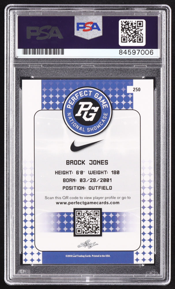 Brock Jones Signed 2018 Leaf Perfect Game National Showcase #250 RC (PSA | Autograph Graded PSA 10) Rookie Card