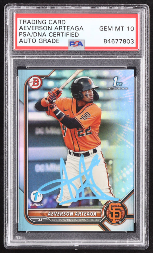 Aeverson Arteaga Signed 2022 Bowman 1st Edition Sky Blue Foil #BPPF82 RC (PSA | Autograph Graded PSA 10) Rookie Card
