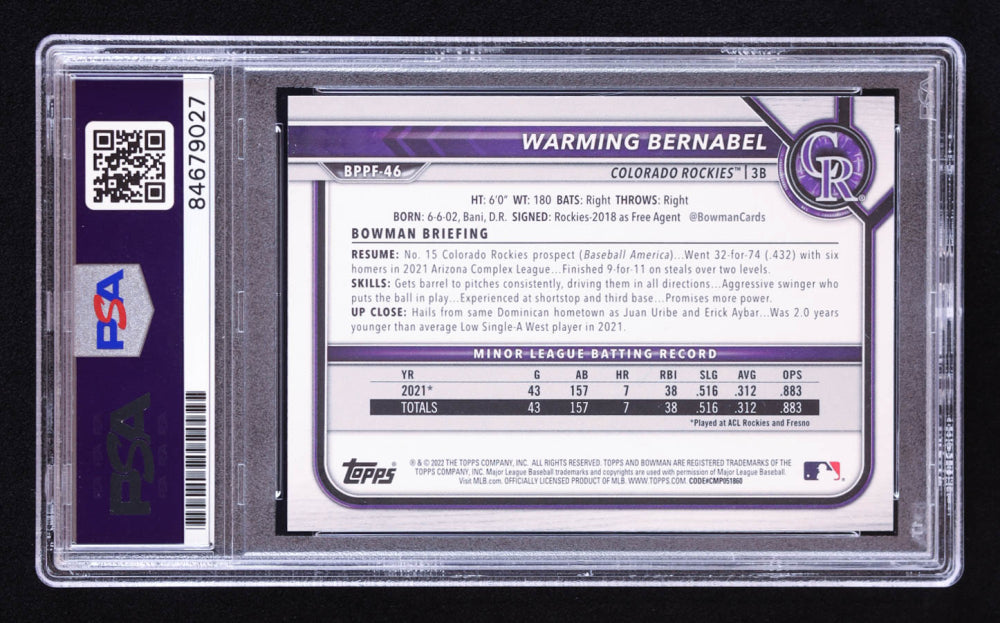 Warming Bernabel Signed 2022 Bowman 1st Edition Sky Blue Foil #BPPF46 RC (PSA | Auto 9) Rookie Card