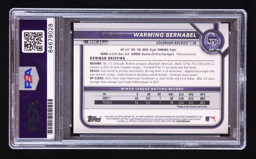 Warming Bernabel Signed 2022 Bowman 1st Edition #BPPF46 RC (PSA | Auto 9) Rookie Card