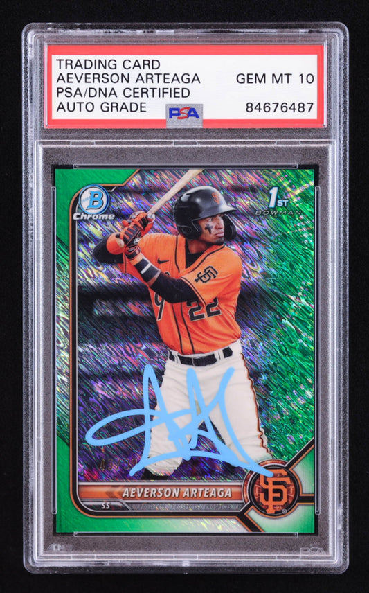 Aeverson Arteaga Signed 2022 Bowman Chrome Prospects Green Shimmer Refractors #BCP82 #43/99 RC (PSA | Auto 10) Rookie Card | Serially Numbered #43 / 99