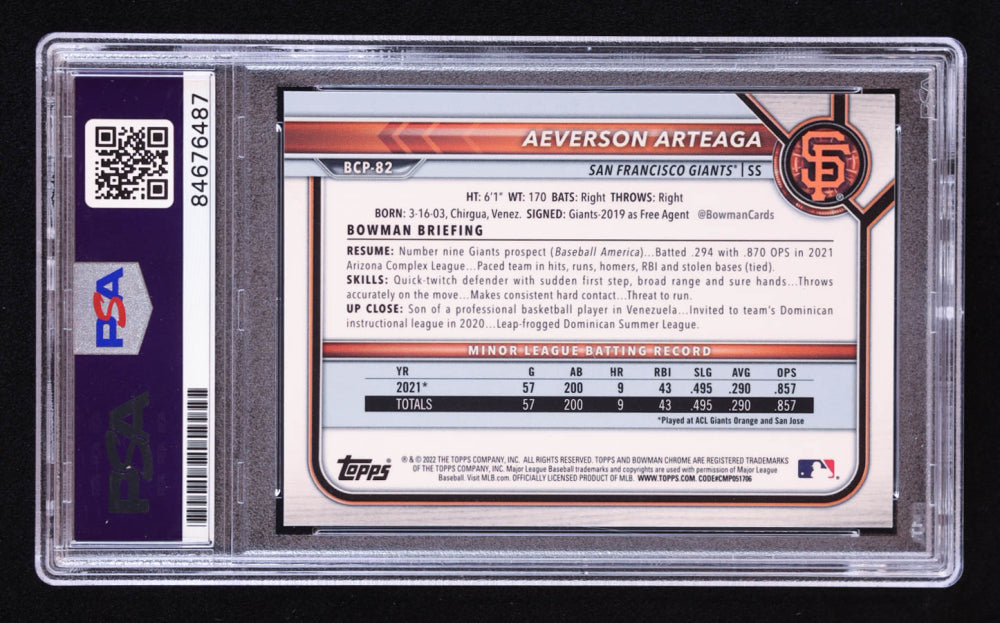 Aeverson Arteaga Signed 2022 Bowman Chrome Prospects Green Shimmer Refractors #BCP82 #43/99 RC (PSA | Auto 10) Rookie Card | Serially Numbered #43 / 99