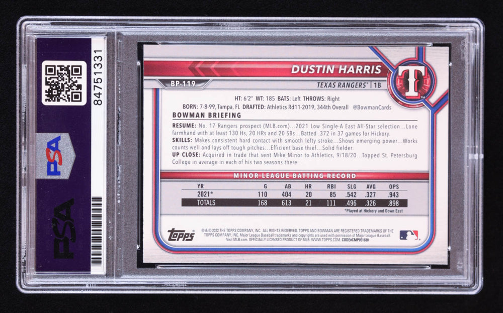 Dustin Harris Signed 2022 Bowman Prospects #BP119 RC (PSA | Auto 10) Rookie Card