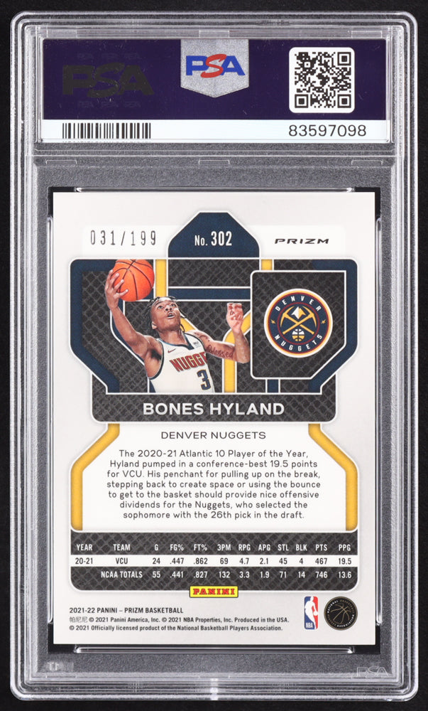 Bones Hyland Signed 2021-22 Panini Prizm Prizms Blue #302 RC #31/199 (PSA 9 | Autograph Graded PSA 10) Rookie Card / Serially Numbered #31 / 199