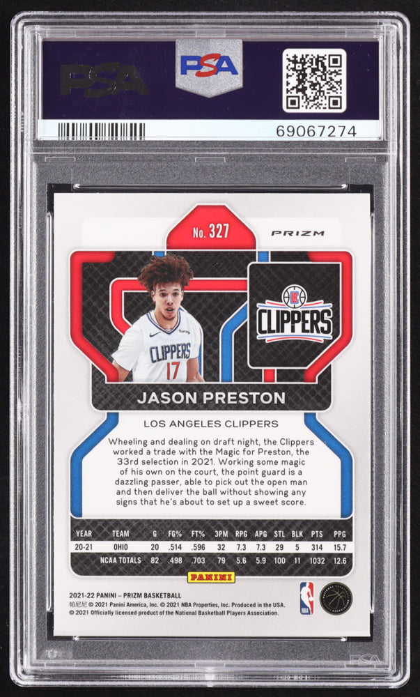 Jason Preston Signed 2021-22 Panini Prizm Prizms White Sparkle #327 RC (PSA 9 | Autograph Graded PSA 10) Rookie Card