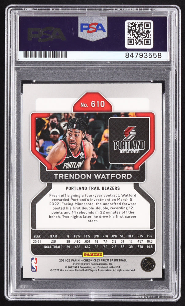 Trendon Watford Signed 2021-22 Panini Chronicles #610 RC / Prizm Update (PSA | Autograph Graded PSA 10) Rookie Card