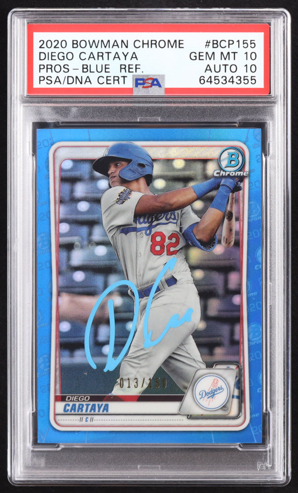 Diego Cartaya Signed 2020 Bowman Chrome Prospects Blue Refractors #BCP155 RC #13/150 (PSA 10 | Autograph Graded PSA 10) Rookie Card / Serially Numbered #13 / 150