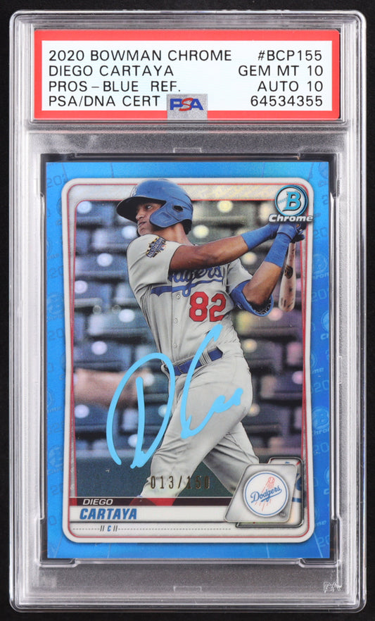 Diego Cartaya Signed 2020 Bowman Chrome Prospects Blue Refractors #BCP155 RC #13/150 (PSA 10 | Autograph Graded PSA 10) Rookie Card / Serially Numbered #13 / 150