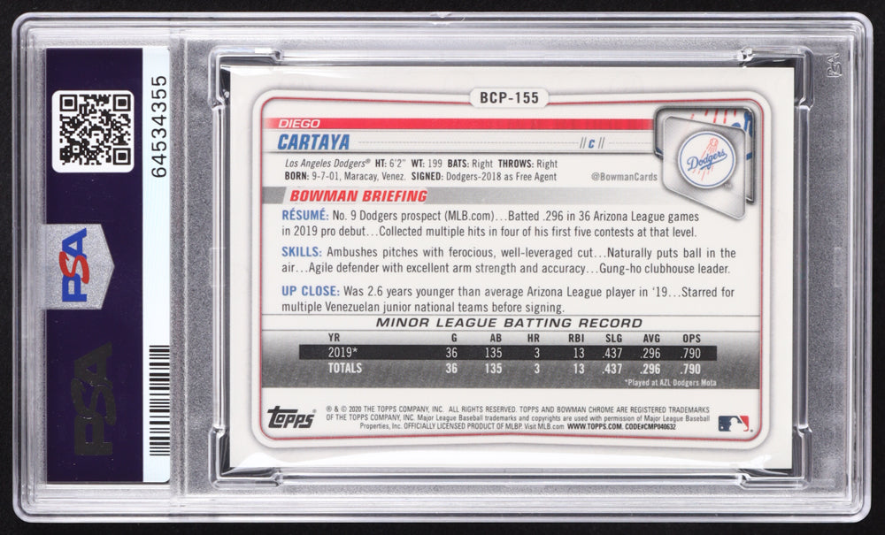 Diego Cartaya Signed 2020 Bowman Chrome Prospects Blue Refractors #BCP155 RC #13/150 (PSA 10 | Autograph Graded PSA 10) Rookie Card / Serially Numbered #13 / 150
