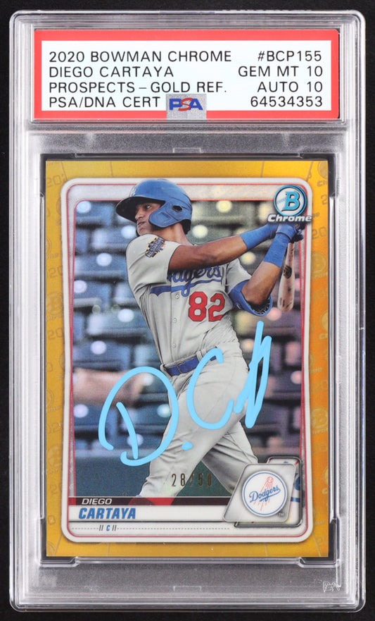 Diego Cartaya Signed 2020 Bowman Chrome Prospects Gold Refractors #BCP155 RC #28/50 (PSA 10 | Autograph Graded PSA 10) Rookie Card / Serially Numbered #28 / 50
