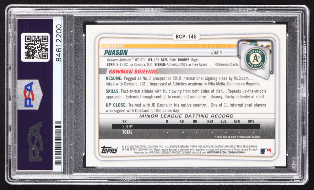 Robert Puason Signed 2020 Bowman Chrome Sapphire Prospects Purple #BCP145 RC #3/20 (PSA | Autograph Graded PSA 10) Rookie Card / Serially Numbered #3 / 20