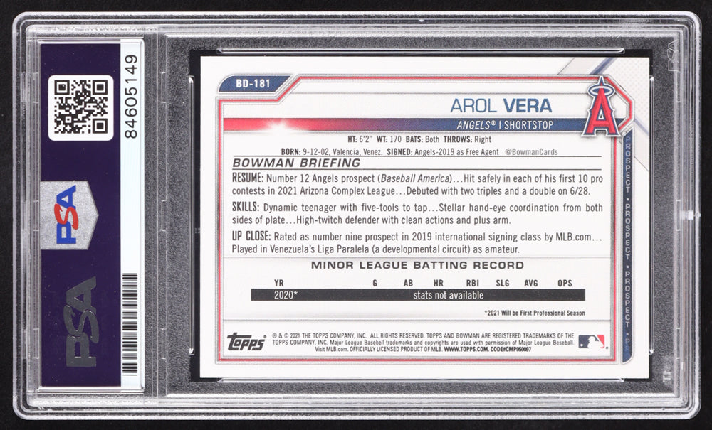 Arol Vera Signed 2021 Bowman Draft 1st Edition #BD181 RC (PSA | Autograph Graded PSA 10) Rookie Card