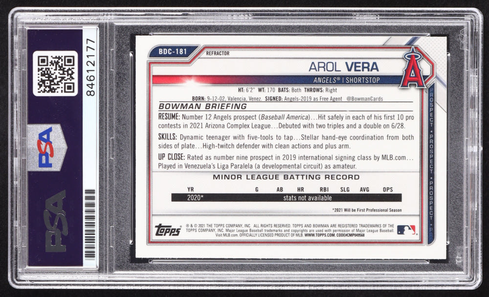 Arol Vera Signed 2021 Bowman Chrome Draft Refractors #BDC181 RC (PSA | Autograph Graded PSA 10) Rookie Card