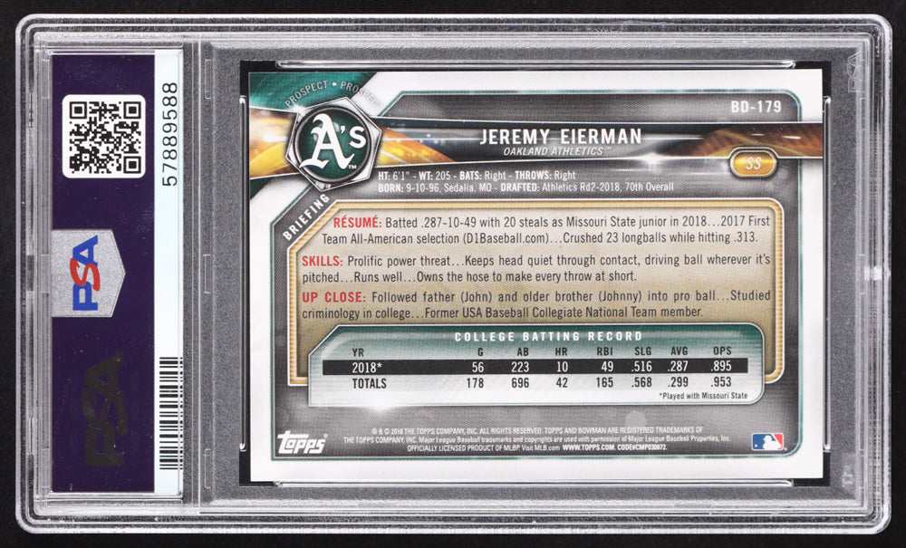 Jeremy Eierman Signed 2018 Bowman Draft #BD179 RC (PSA | Autograph Graded PSA 10) Rookie Card