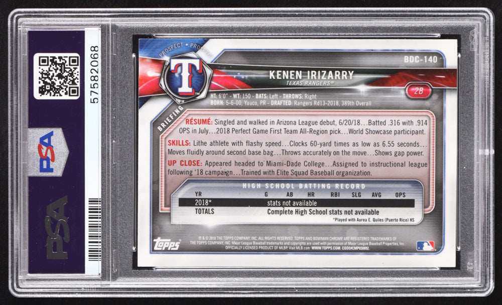 Kenen Irizarry Signed 2018 Bowman Chrome Draft #BDC140 RC (PSA) Rookie Card