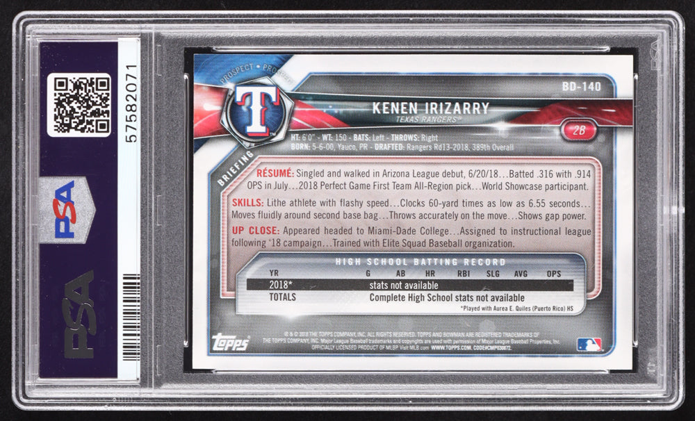 Kenen Irizarry Signed 2018 Bowman Draft #BD140 RC (PSA) Rookie Card