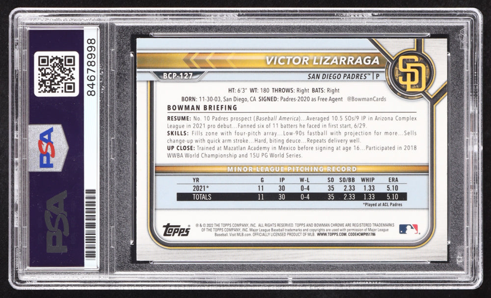 Victor Lizarraga Signed 2022 Bowman Chrome Prospects #BCP127 RC (PSA | Auto 10) Rookie Card