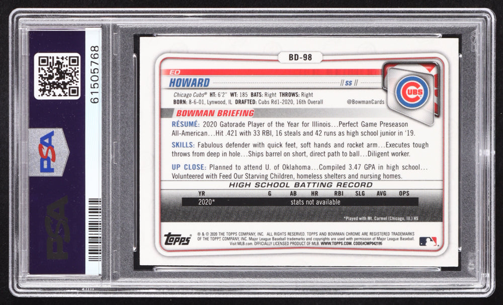 Ed Howard Signed 2020 Bowman Chrome Draft #BD98 RC (PSA | Autograph Graded PSA 10) Rookie Card