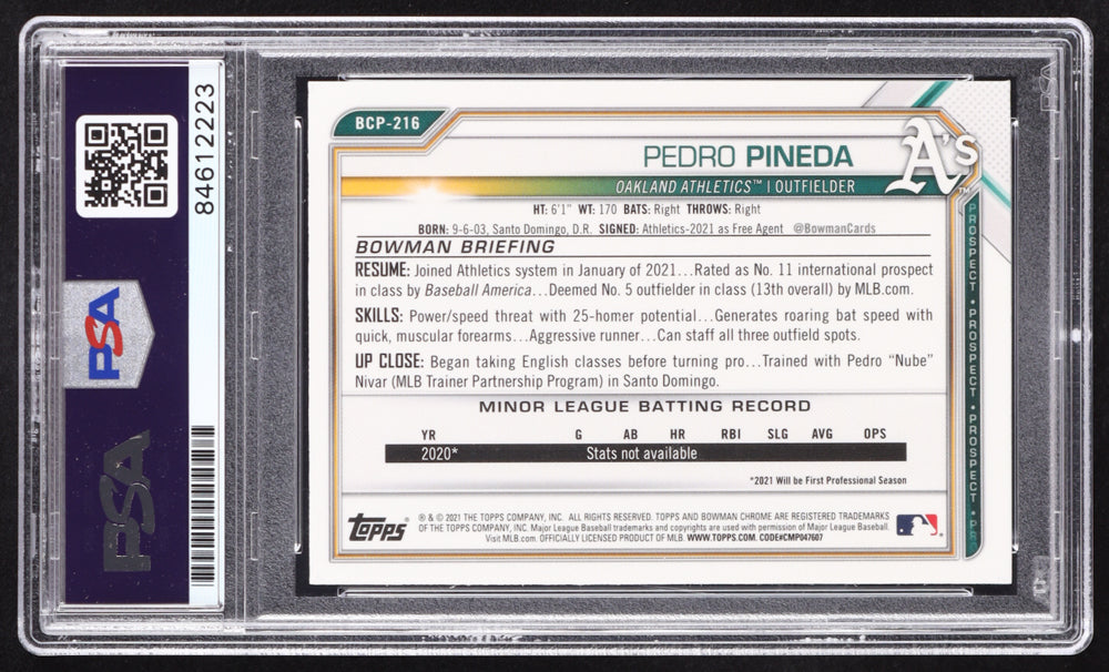 Pedro Pineda Signed 2021 Bowman Chrome Prospects #BCP216 RC (PSA | Auto 10) Rookie Card