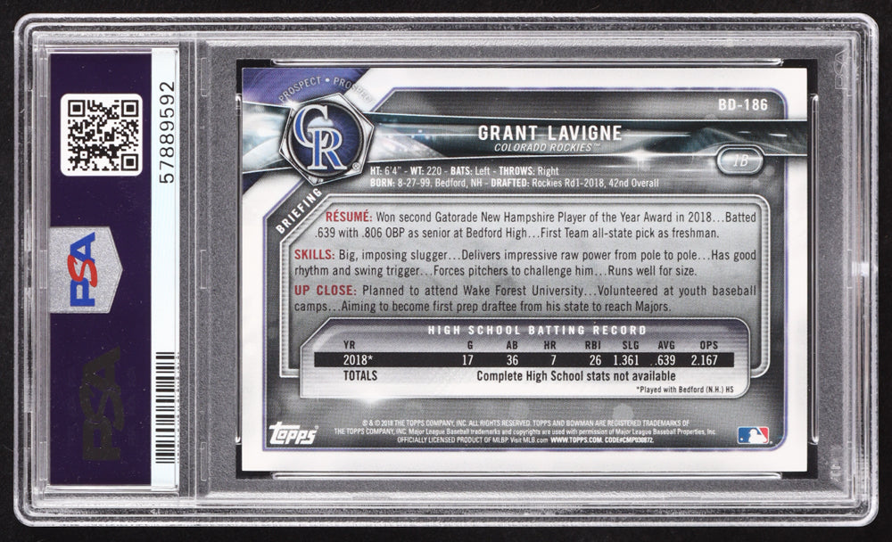 Grant Lavigne Signed 2018 Bowman Draft #BD186 RC (PSA | Autograph Graded PSA 10) Rookie Card