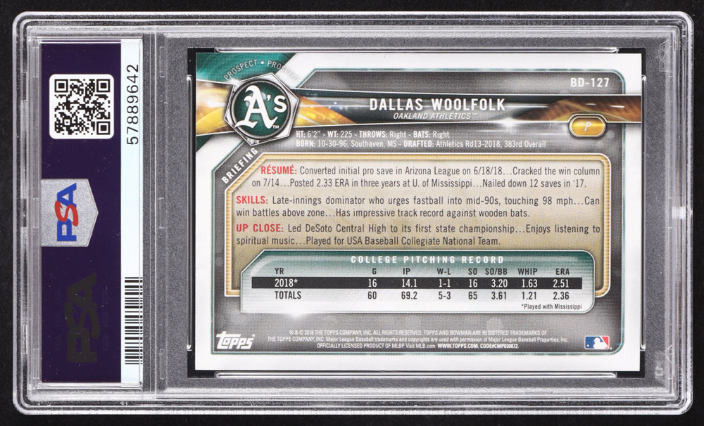 Dallas Woolfolk Signed 2018 Bowman Draft #BD127 RC (PSA | Autograph Graded PSA 10) Rookie Card