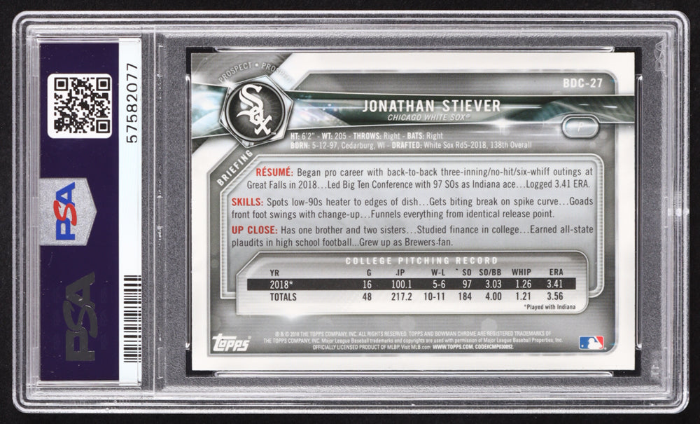 Jonathan Stiever Signed 2018 Bowman Chrome Draft #BDC27 RC (PSA) Rookie Card