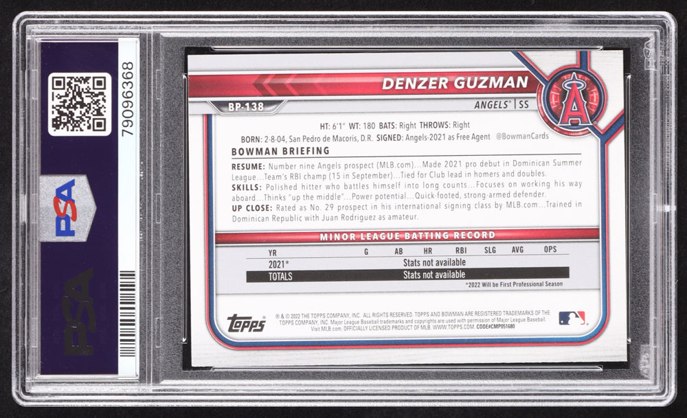 Denzer Guzman Signed 2022 Bowman Prospects #BP138 RC (PSA 10 | Auto 10) Rookie Card