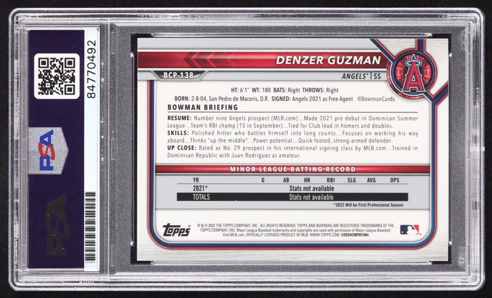 Denzer Guzman Signed 2022 Bowman Chrome Sapphire Prospects #BCP138 RC (PSA | Auto 10) Rookie Card